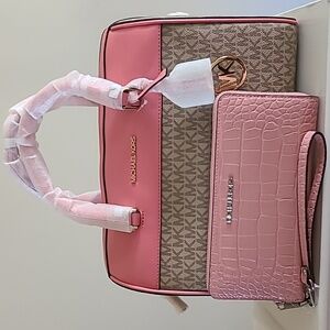 Michael Kors Michaelors Medium  Logo Satchel Crossbody Handbag Tea Rose & Wallet